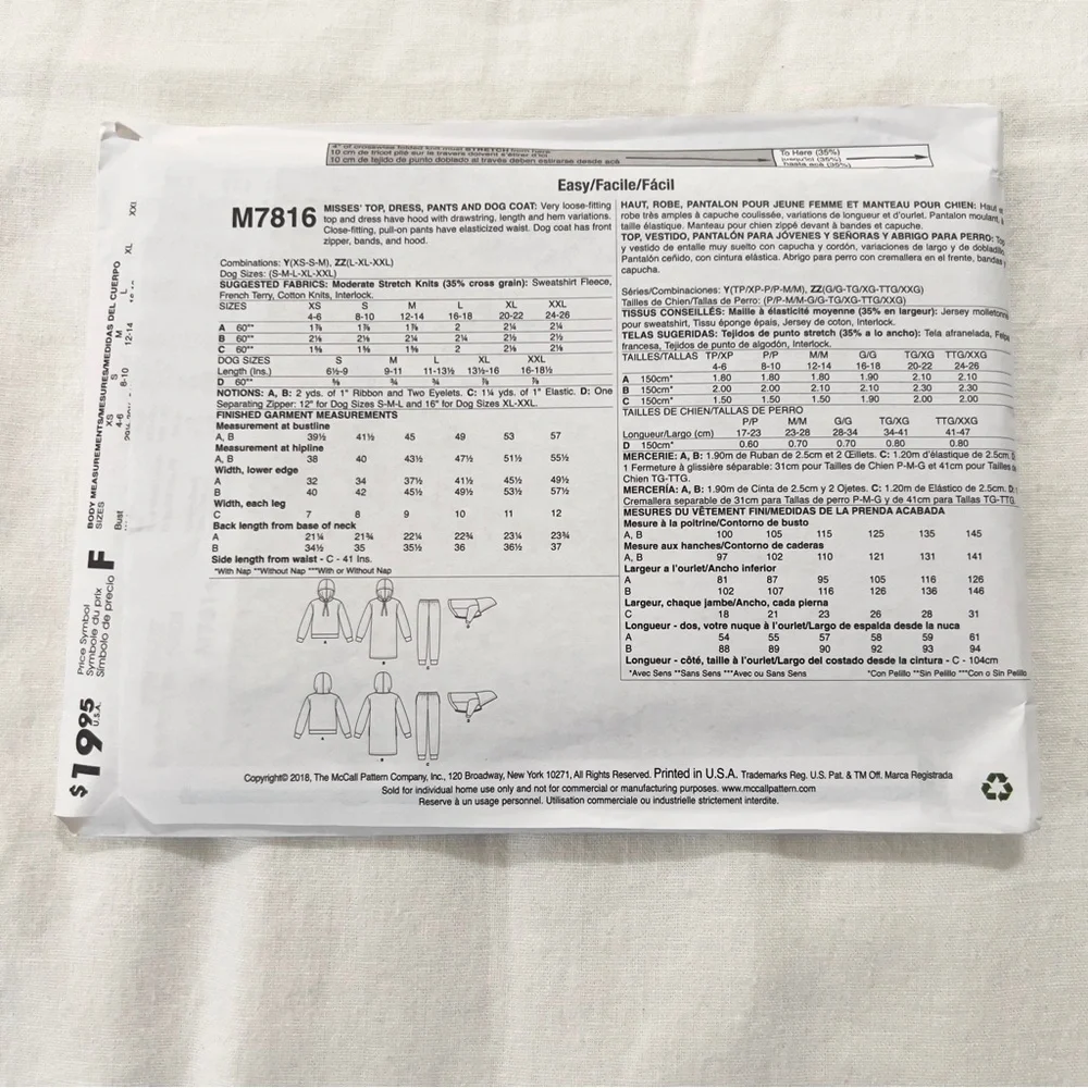 McCall’s M7816 Hoodie Set Pattern L-XXL Uncut Factory Folded